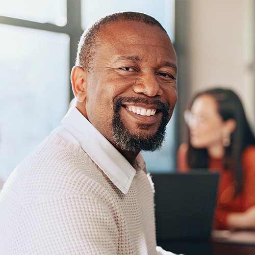 An employer smiling